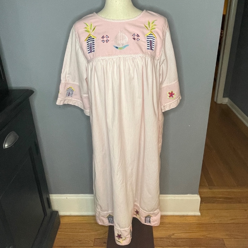 Quacker Factory House Dress Pink Stripes Embroidered Sailboat Floral Size M